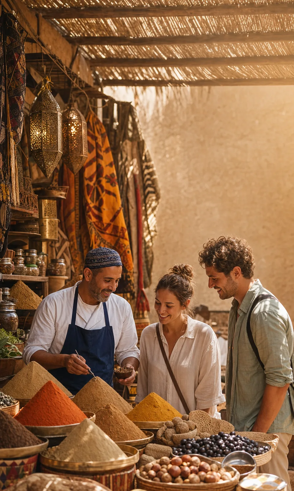 A Marrakech spice-souk stall — cones of saffron, cumin and rose