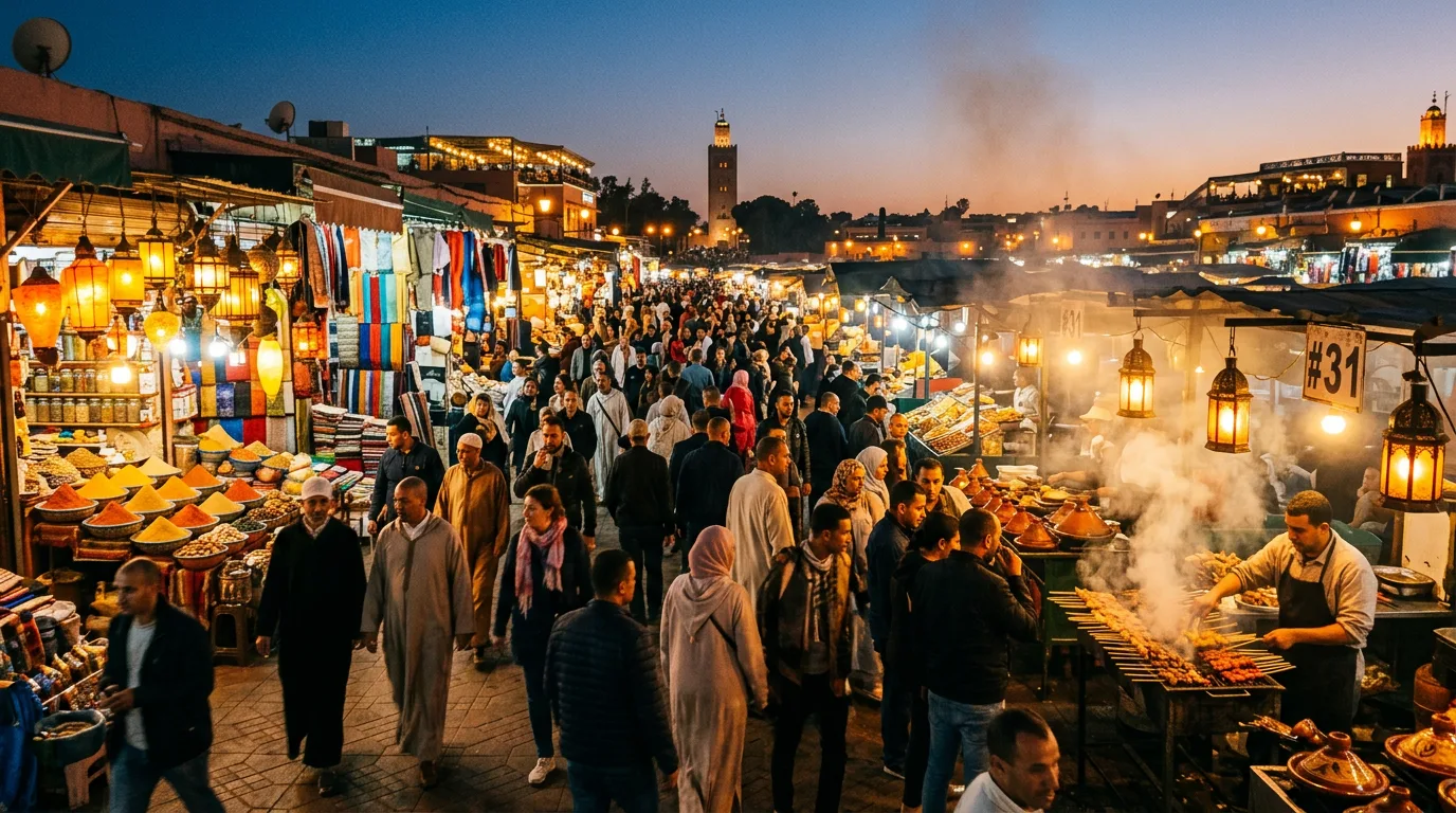 Jemaa el-Fna at dusk — food-stall smoke, lanterns and the Koutoubia beyond